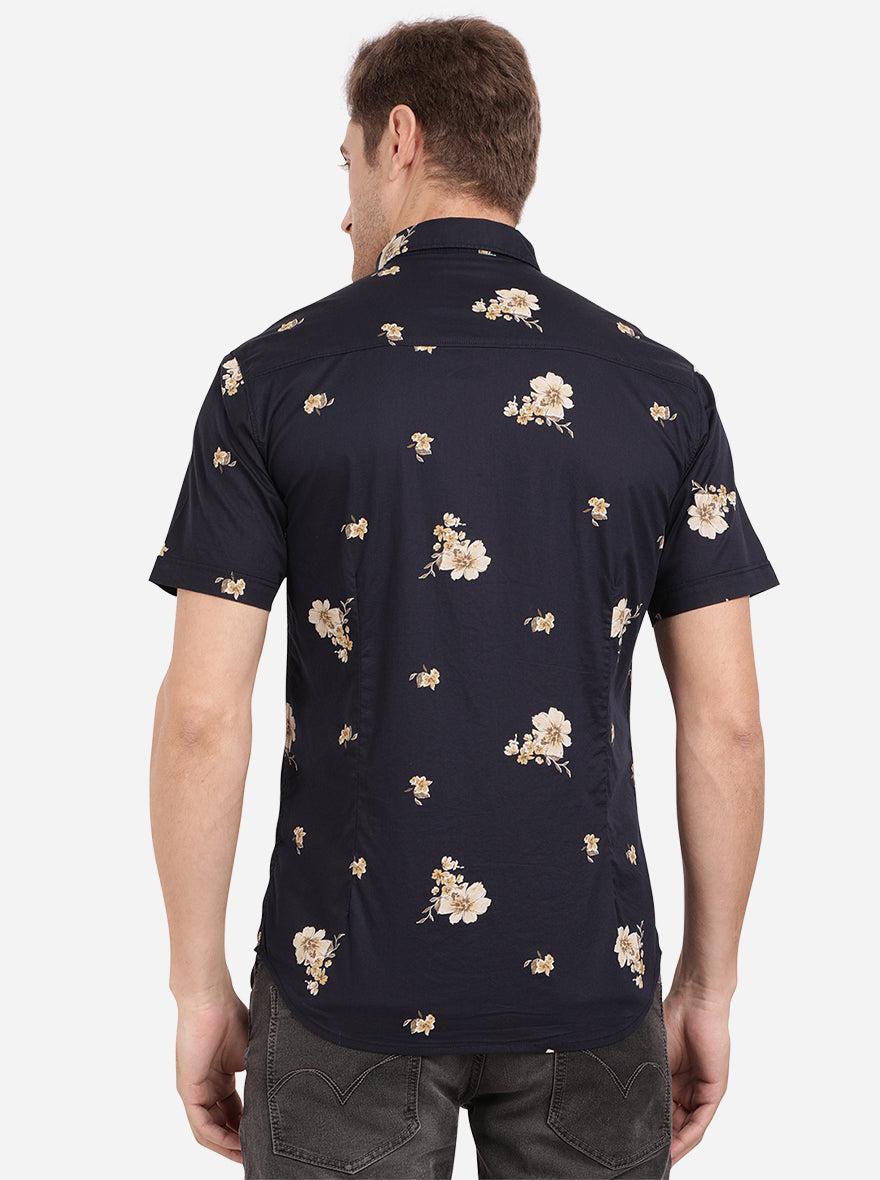 Night Blue Printed Slim Fit Semi Casual Shirt | Pehervi