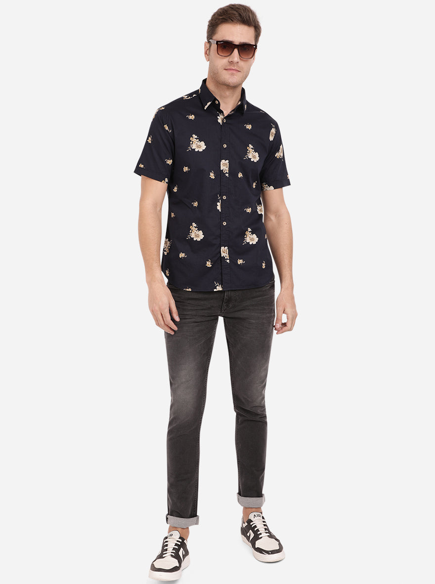 Night Blue Printed Slim Fit Semi Casual Shirt | Pehervi