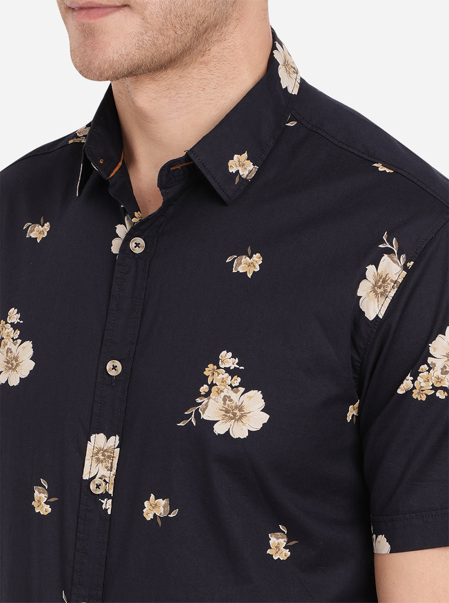 Night Blue Printed Slim Fit Semi Casual Shirt | Pehervi
