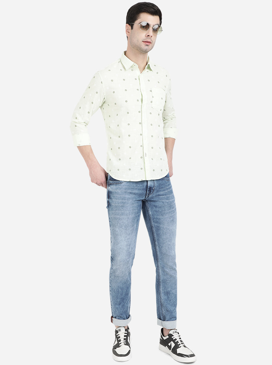 Lime Green Printed Slim Fit Semi Casual Shirt | Pehervi