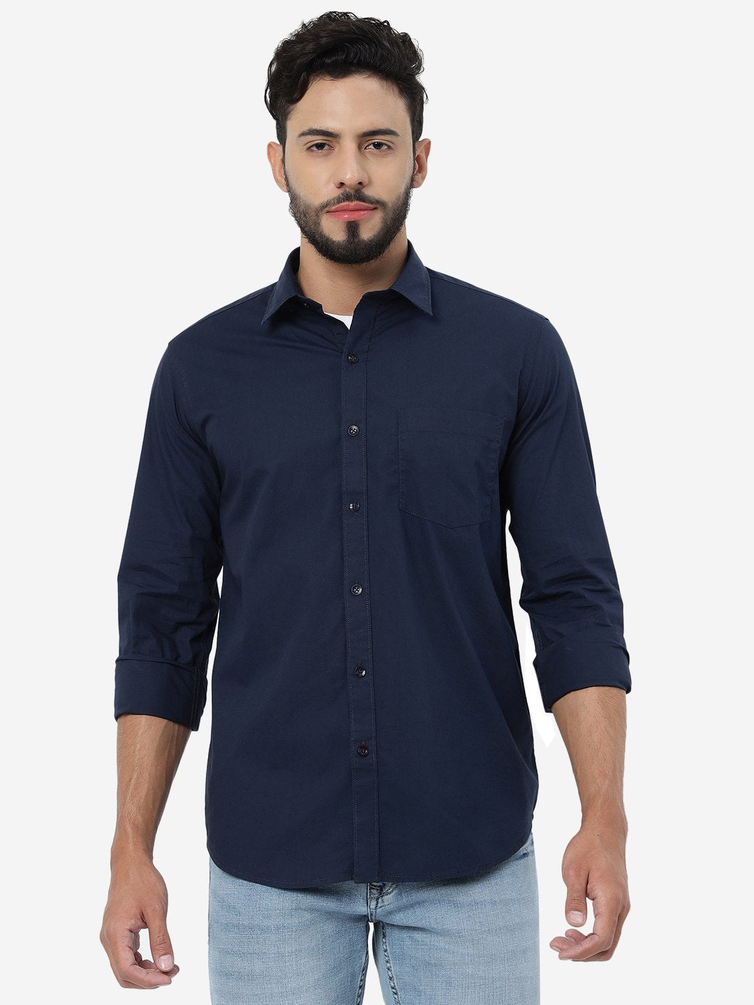 Navy Blue Solid Smart Fit Semi Casual Shirt | Pehervi