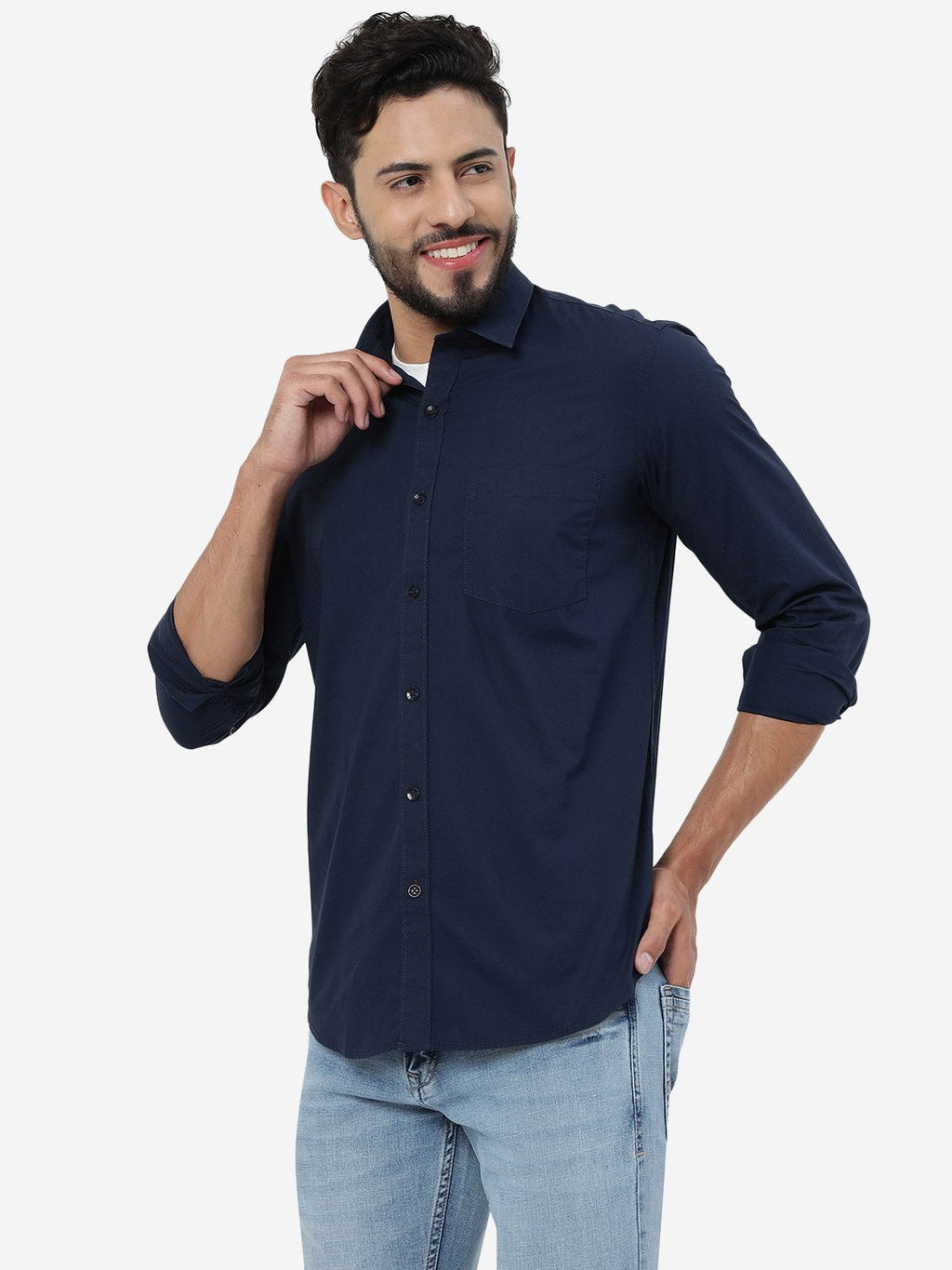 Navy Blue Solid Smart Fit Semi Casual Shirt | Pehervi