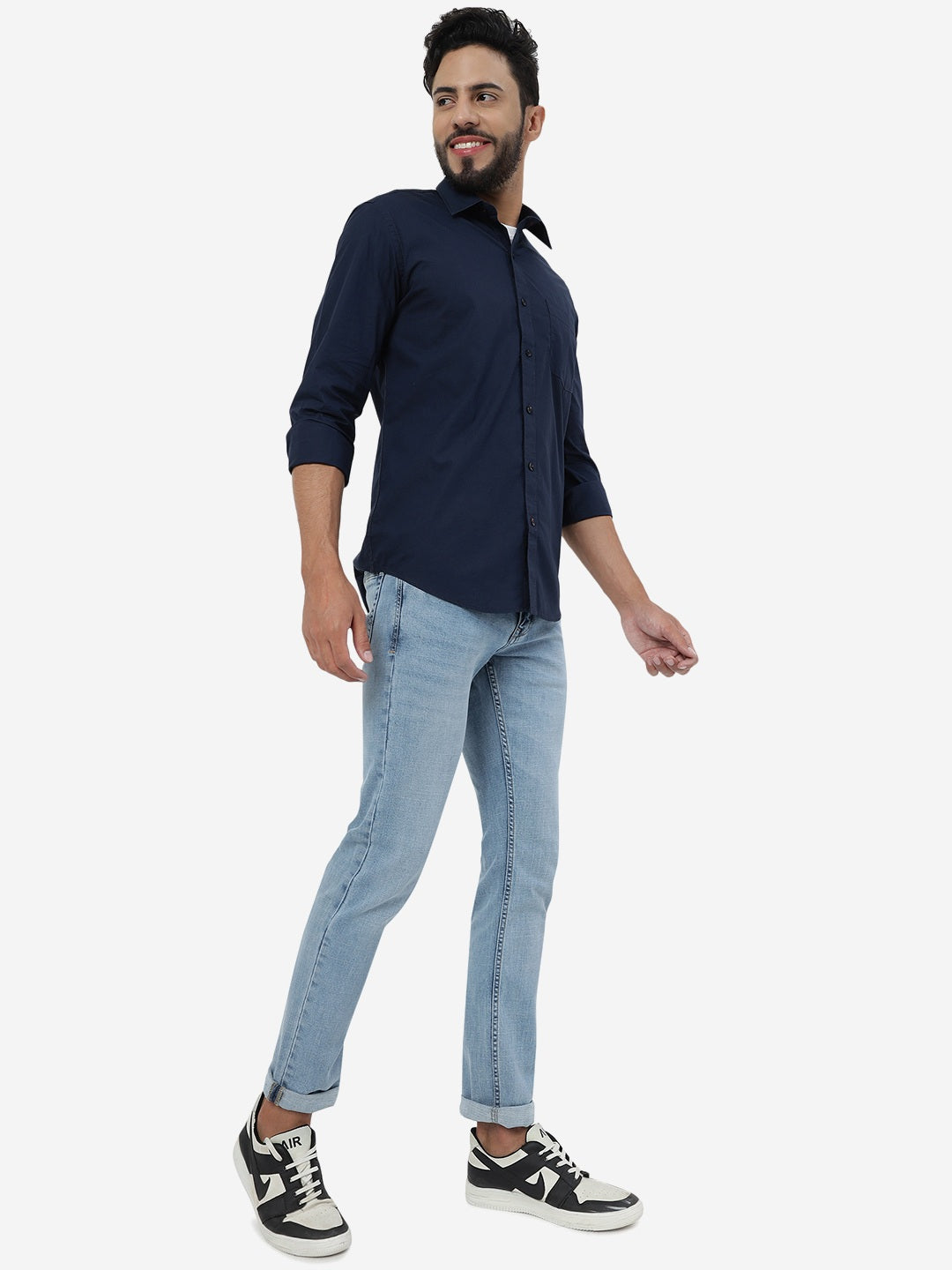 Navy Blue Solid Smart Fit Semi Casual Shirt | Pehervi
