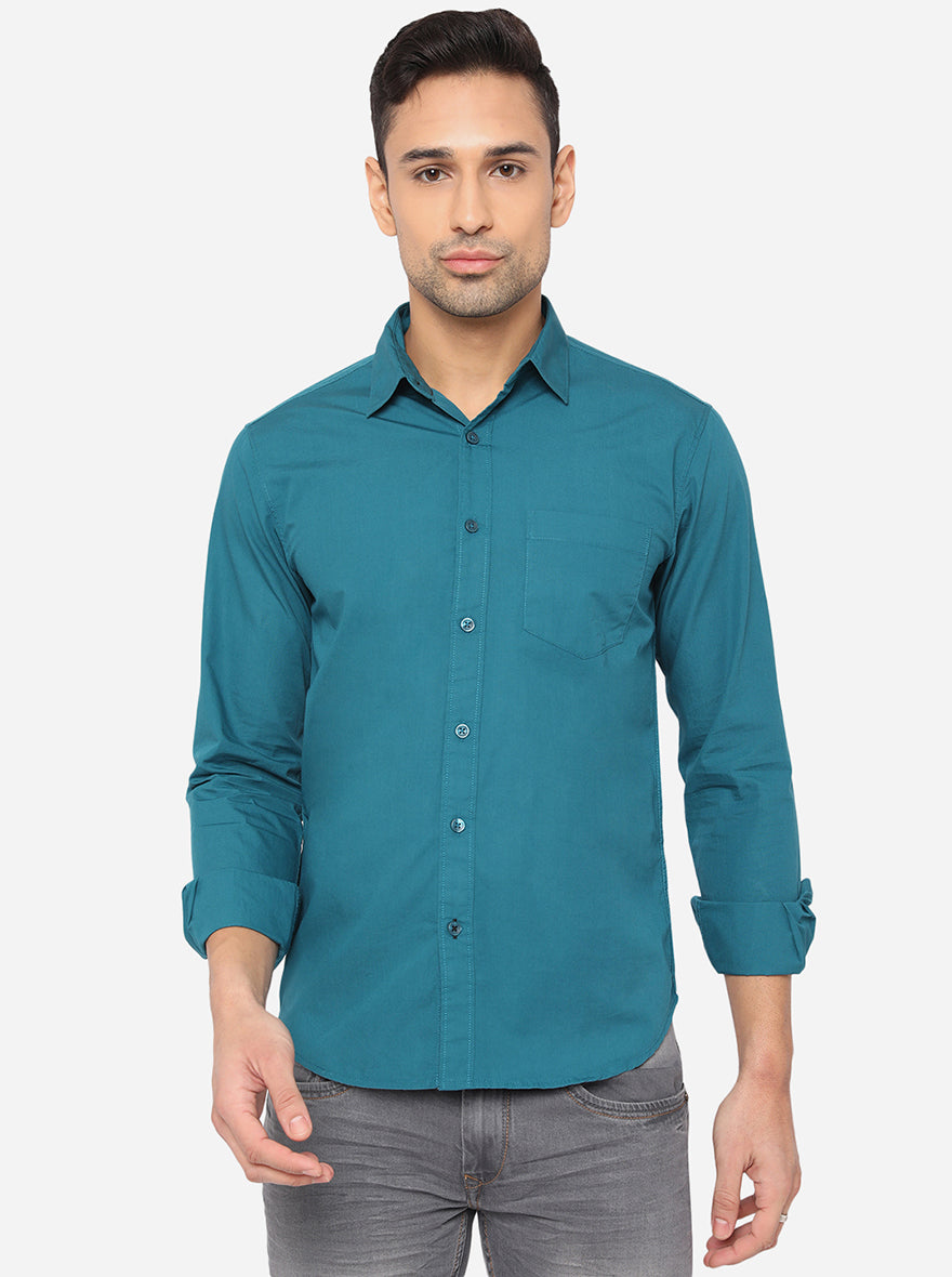 Teal Blue Solid Slim Fit Semi Casual Shirt | Pehervi