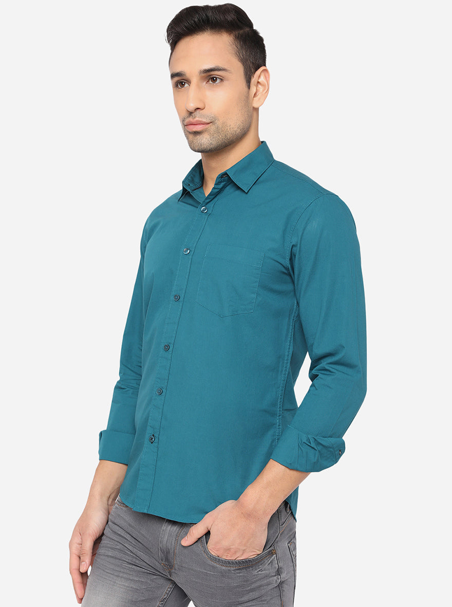 Teal Blue Solid Slim Fit Semi Casual Shirt | Pehervi