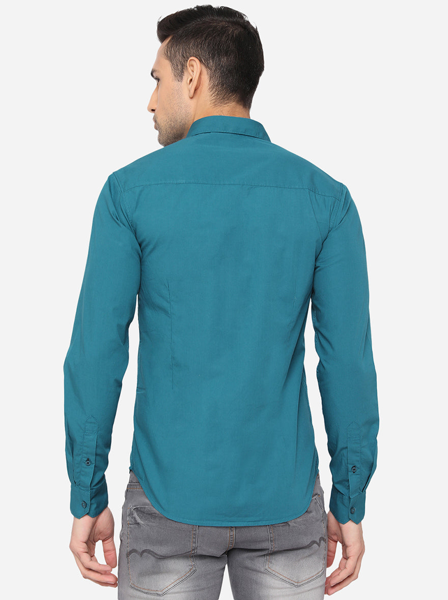 Teal Blue Solid Slim Fit Semi Casual Shirt | Pehervi