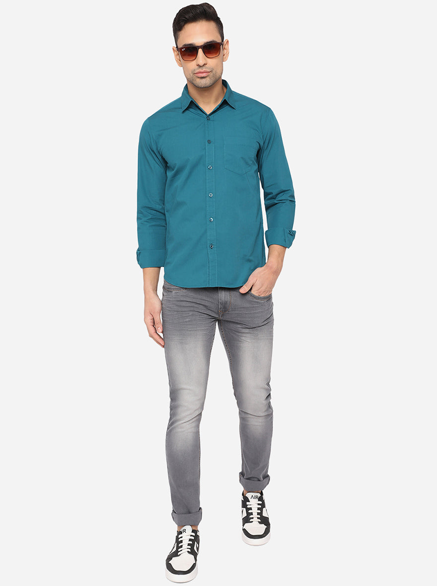 Teal Blue Solid Slim Fit Semi Casual Shirt | Pehervi