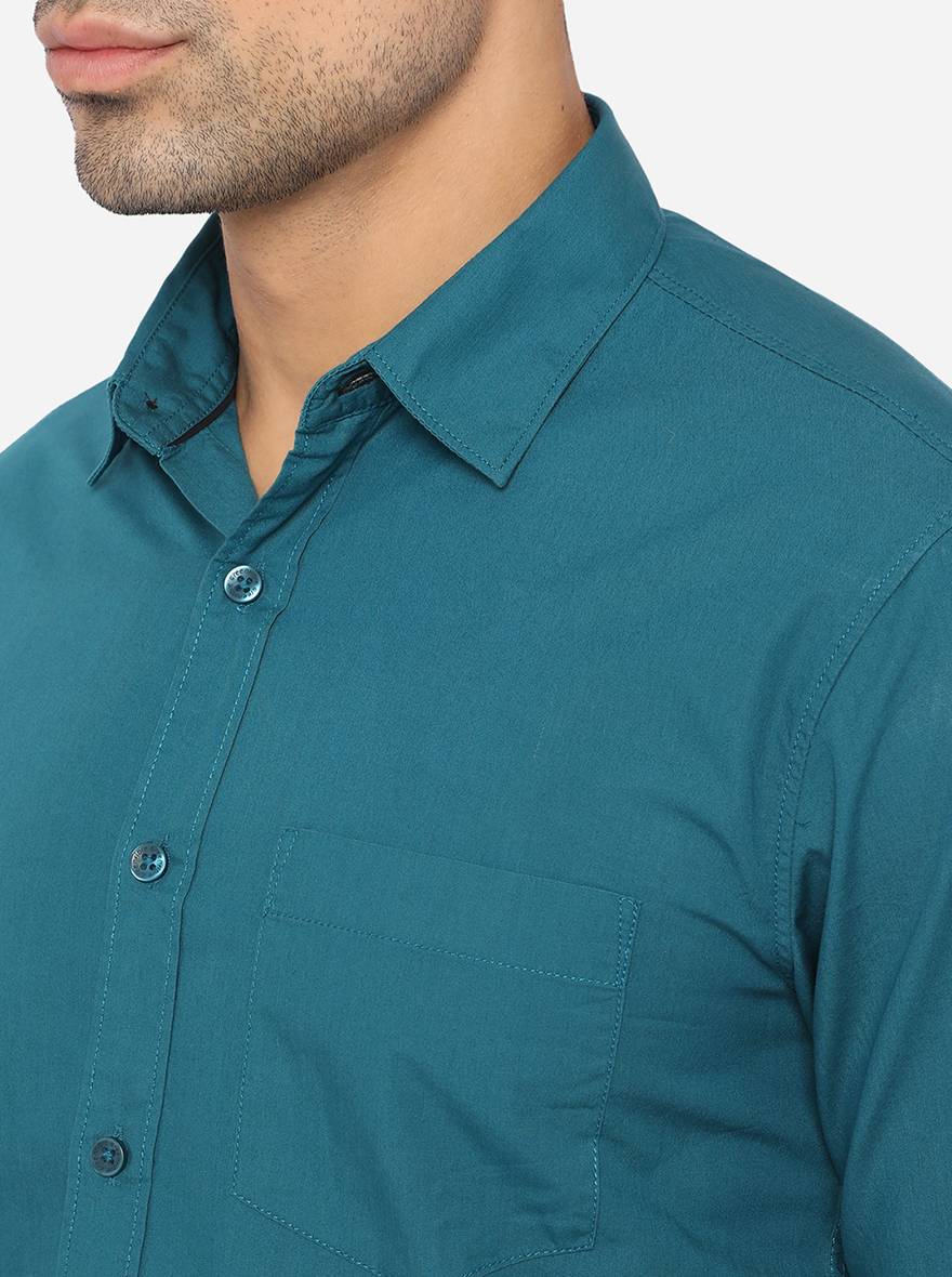 Teal Blue Solid Slim Fit Semi Casual Shirt | Pehervi