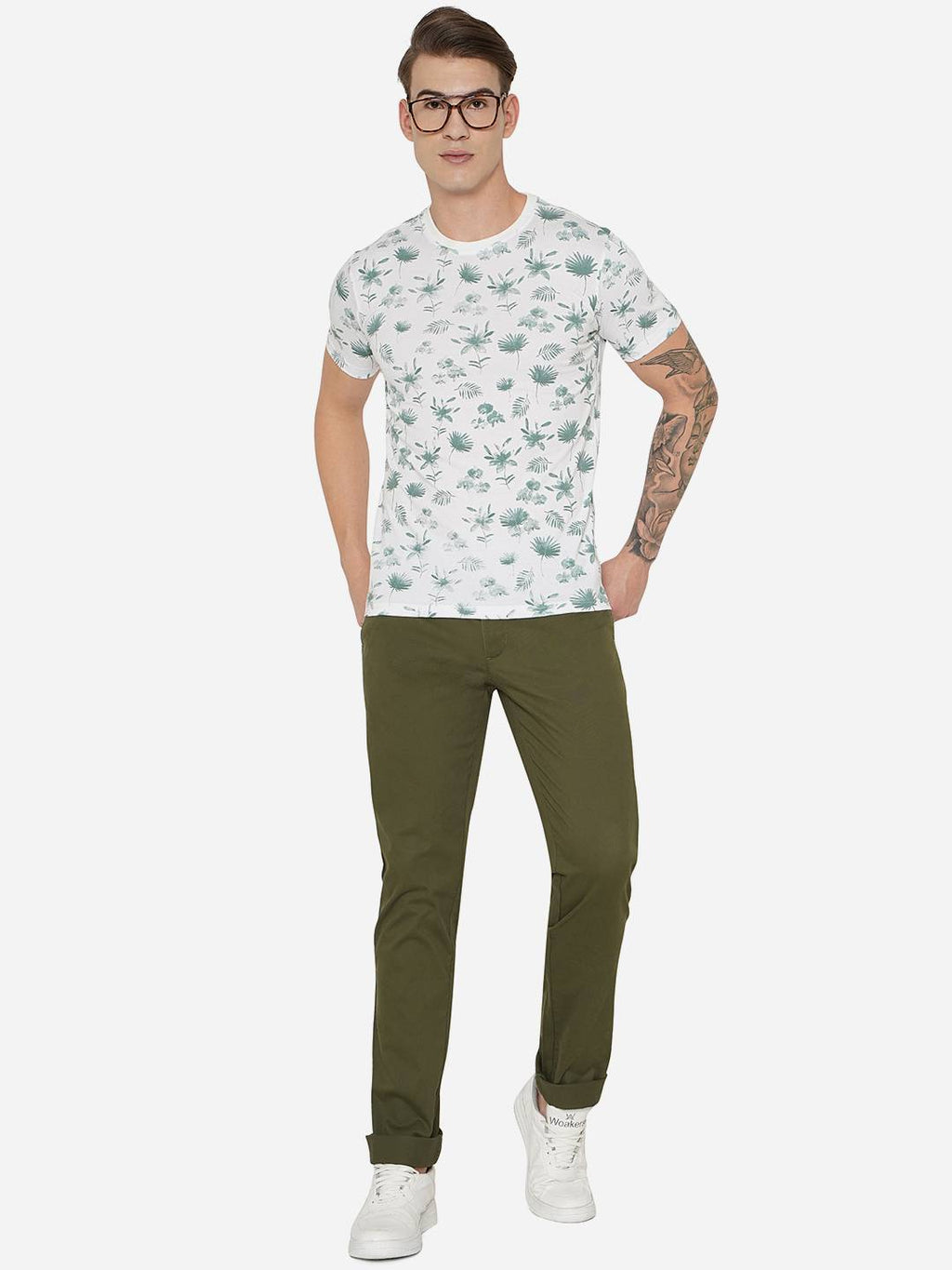 White & Green Printed Slim Fit T-Shirt | pehervi