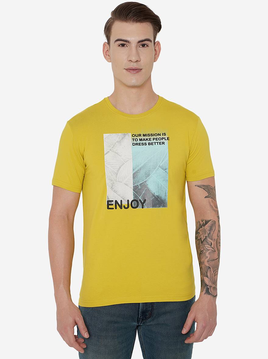 Yellow Printed Slim Fit T-Shirt | pehervi