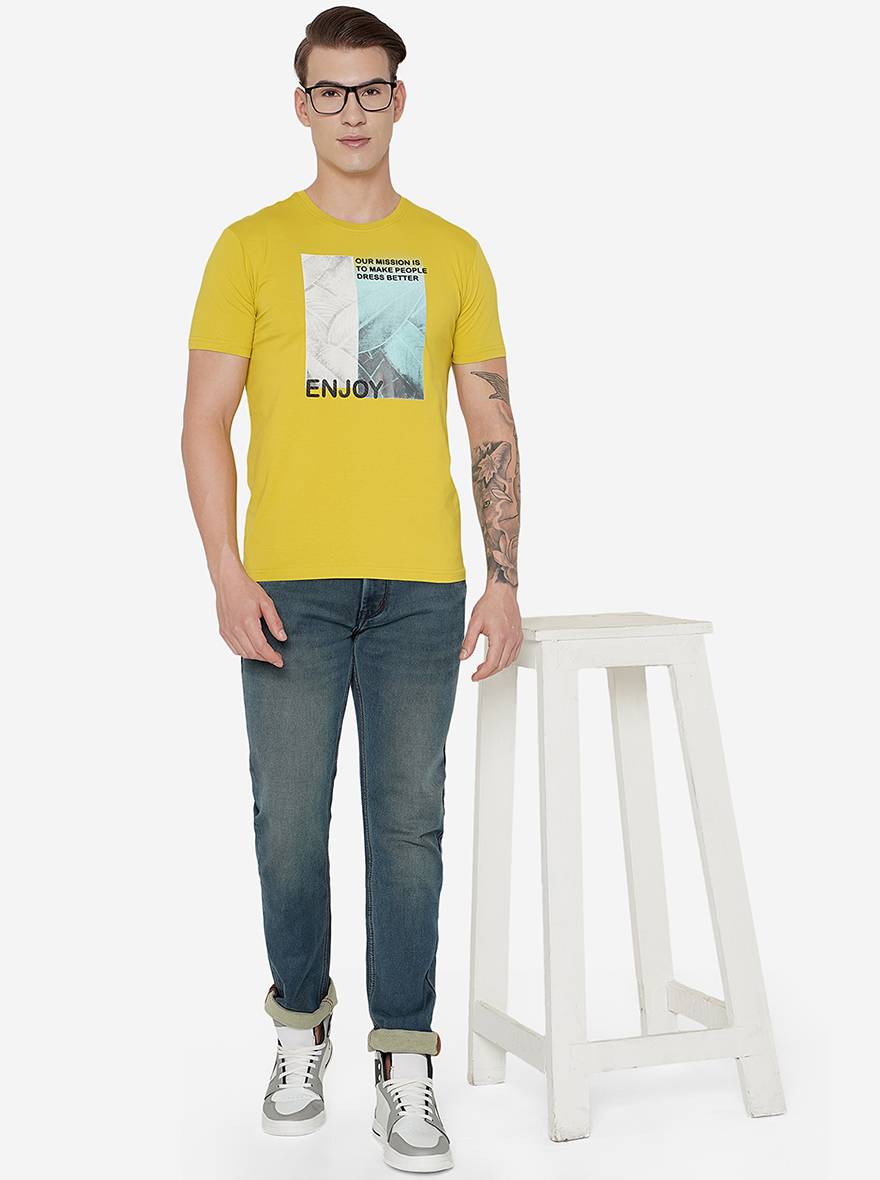 Yellow Printed Slim Fit T-Shirt | pehervi