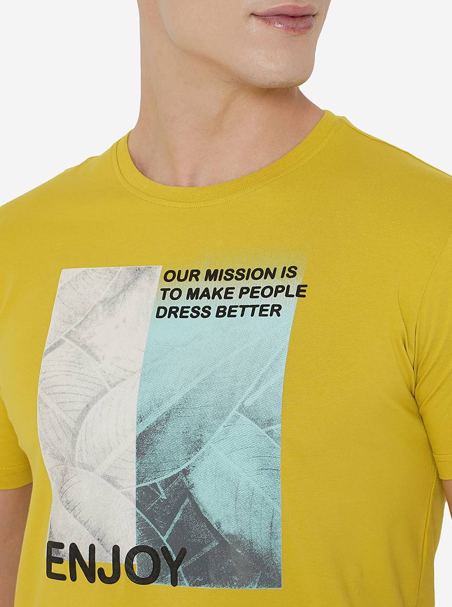 Yellow Printed Slim Fit T-Shirt | pehervi