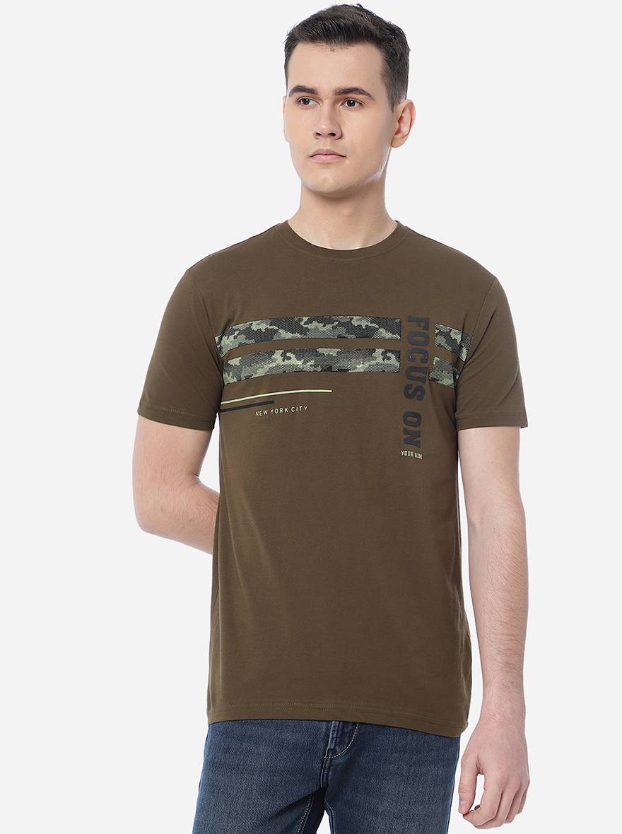 Olive Brown Printed Slim Fit T-Shirt | pehervi