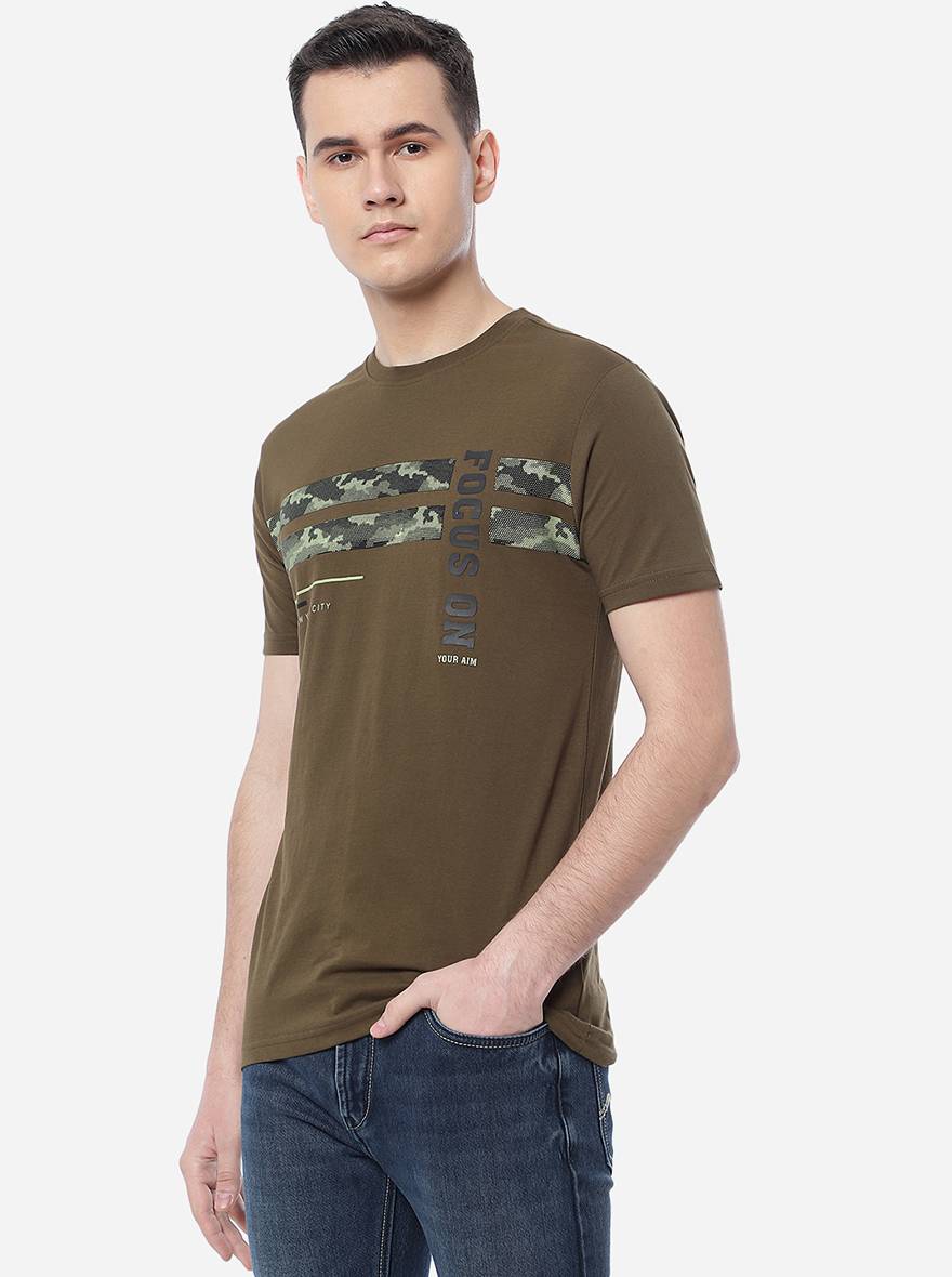 Olive Brown Printed Slim Fit T-Shirt | pehervi