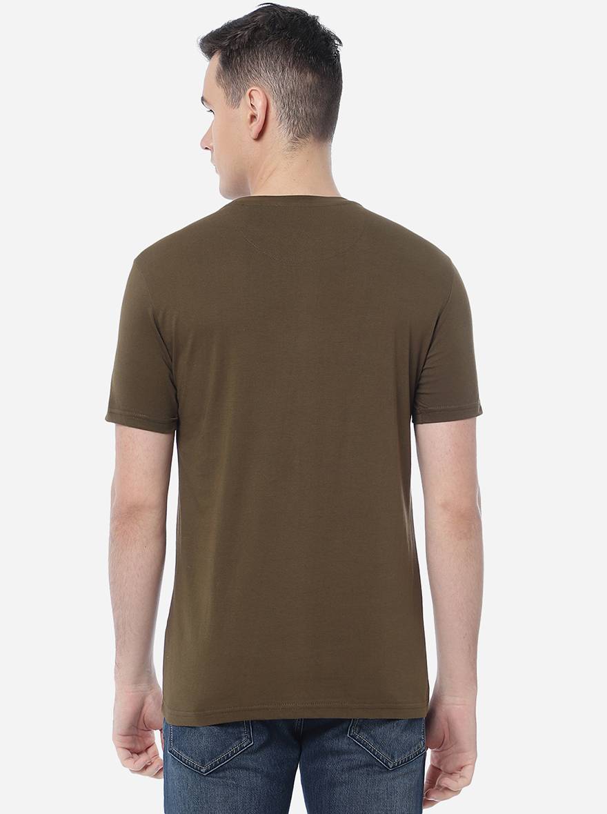 Olive Brown Printed Slim Fit T-Shirt | pehervi