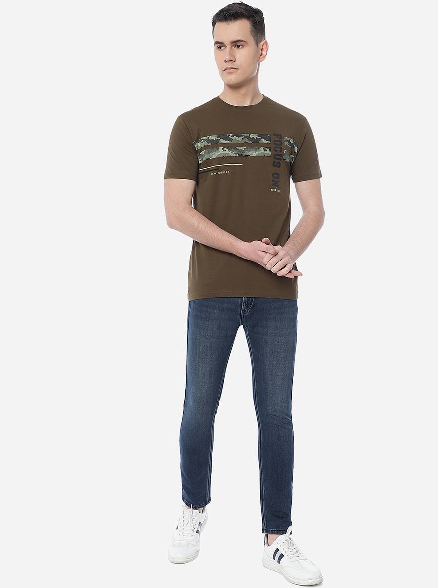 Olive Brown Printed Slim Fit T-Shirt | pehervi