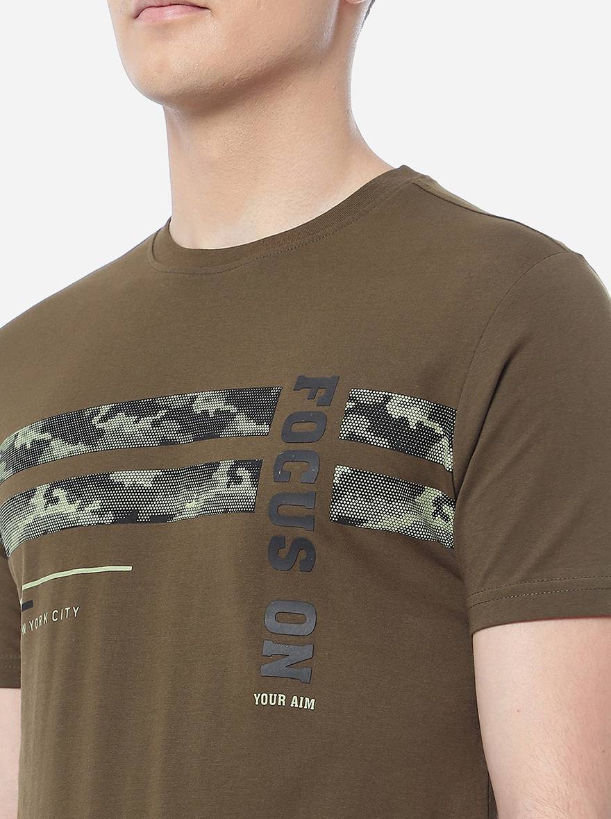 Olive Brown Printed Slim Fit T-Shirt | pehervi