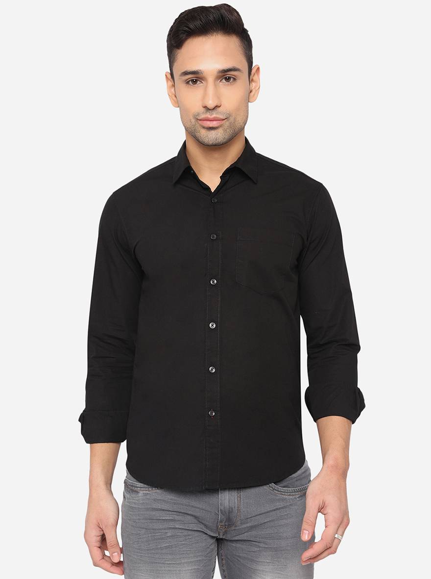 Jet Black Solid Slim Fit Semi Casual Shirt | Pehervi