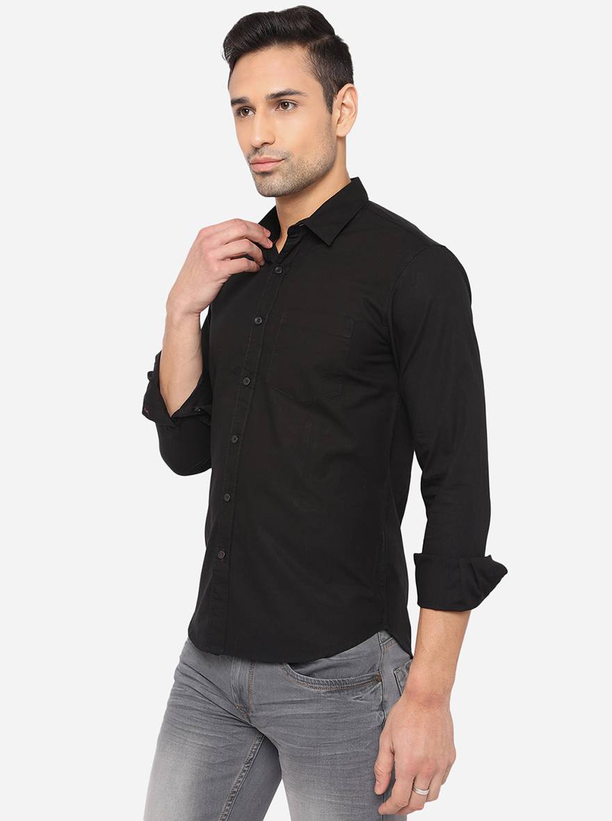 Jet Black Solid Slim Fit Semi Casual Shirt | Pehervi