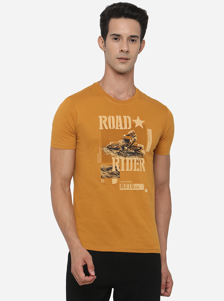 Golden Yellow Printed Slim Fit T-Shirt | pehervi