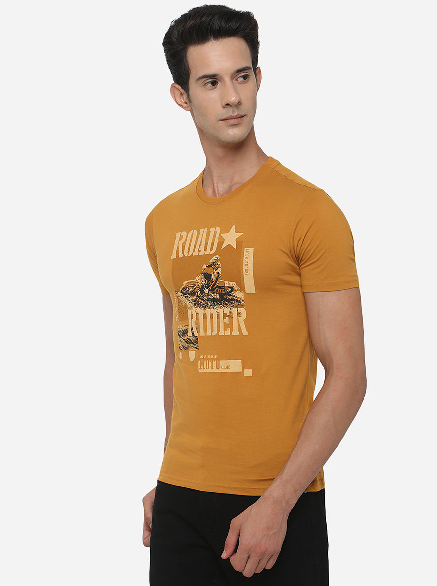 Golden Yellow Printed Slim Fit T-Shirt | pehervi