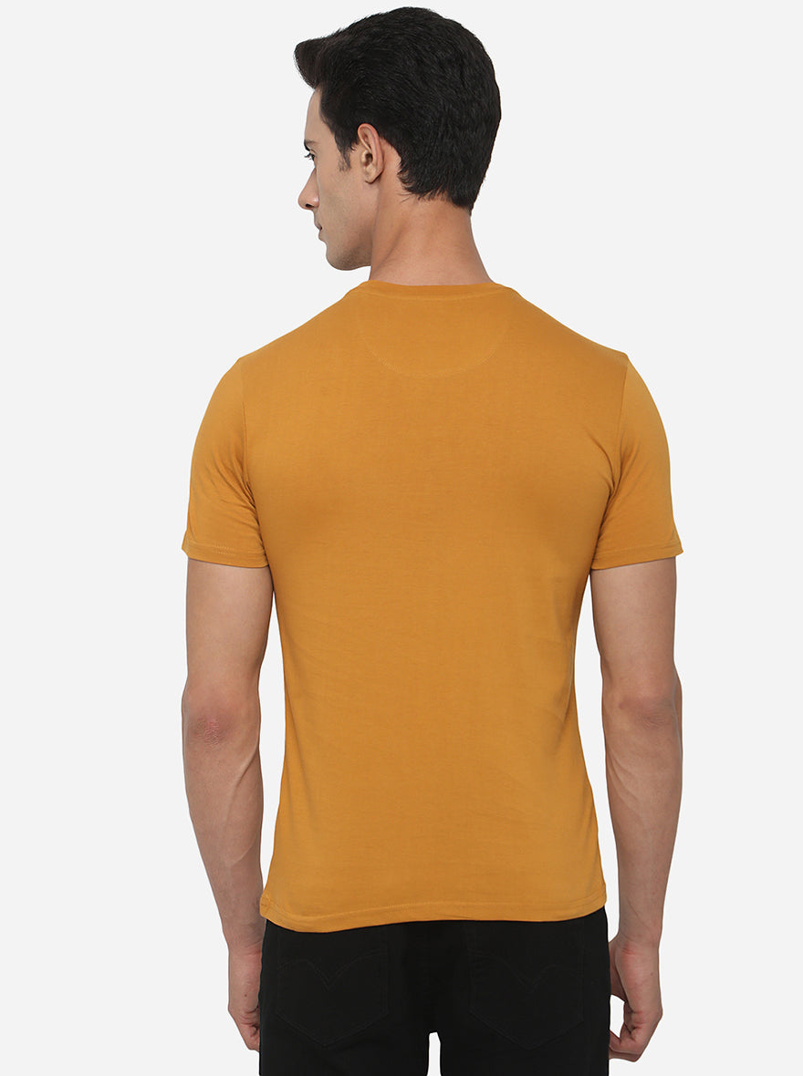 Golden Yellow Printed Slim Fit T-Shirt | pehervi