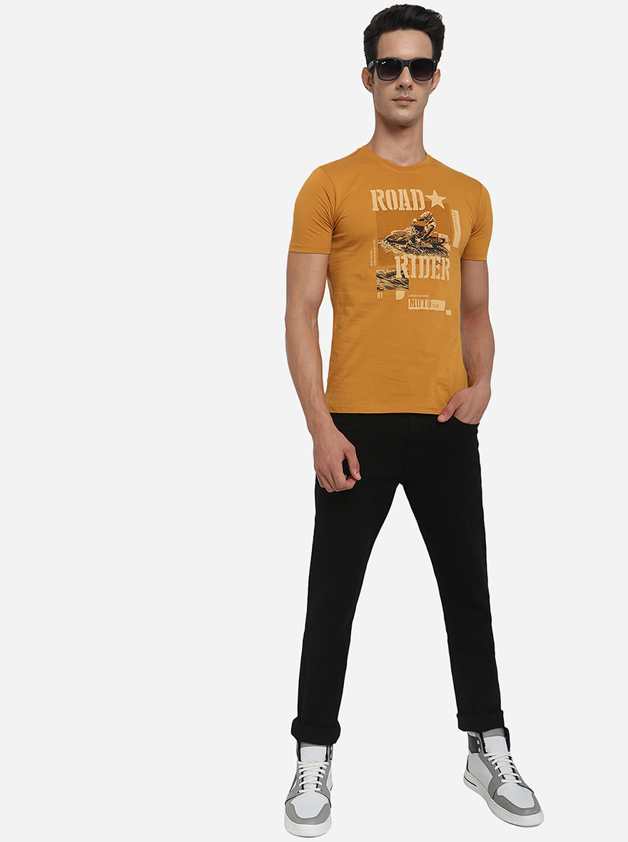 Golden Yellow Printed Slim Fit T-Shirt | pehervi