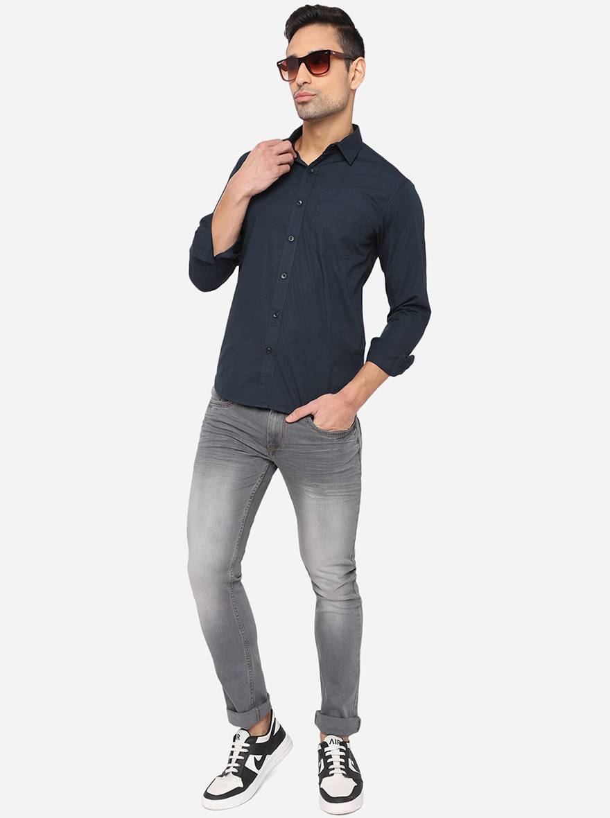 Dress Blue Solid Slim Fit Semi Casual Shirt | Pehervi