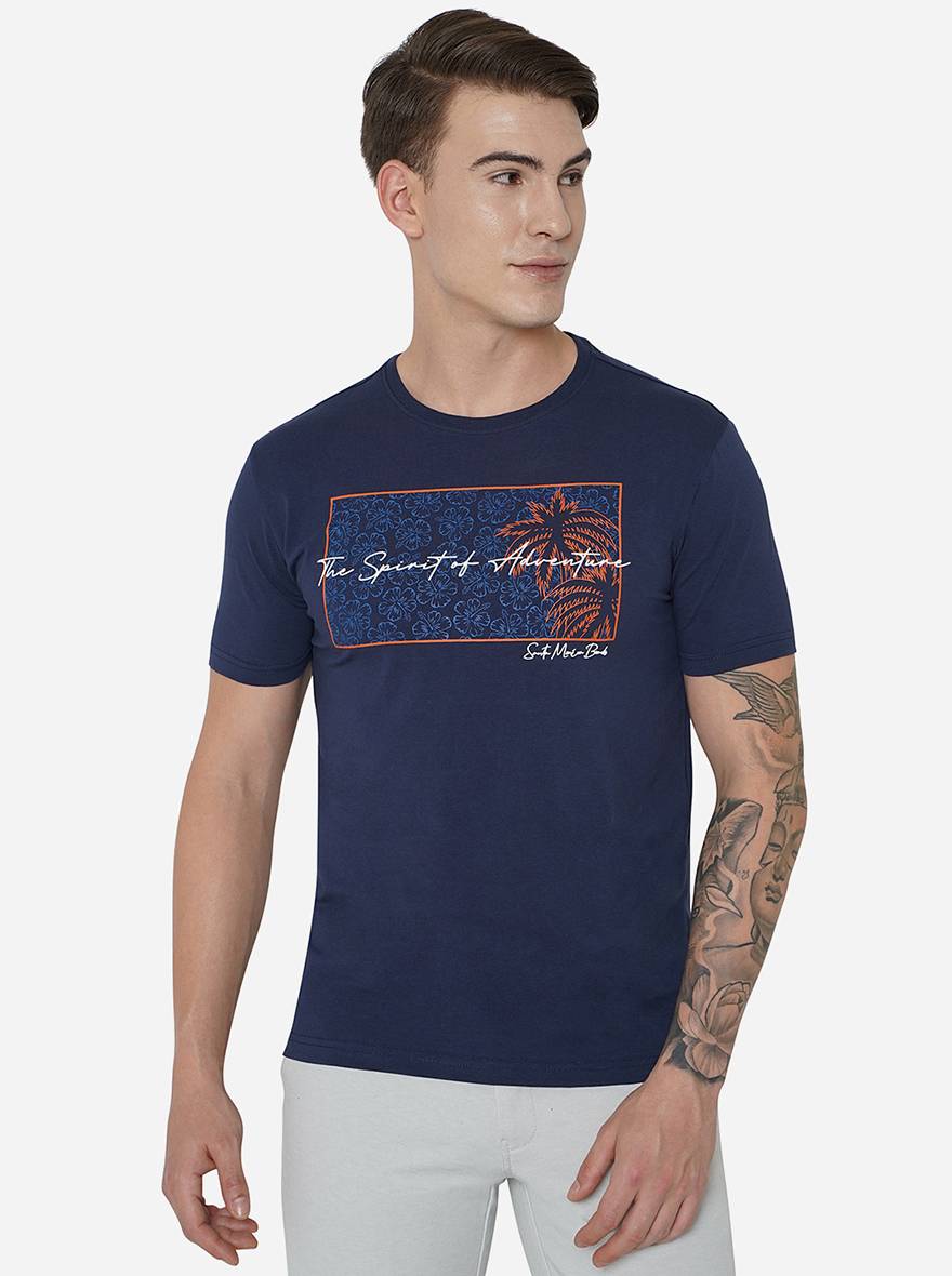 Navy Blue Printed Slim Fit T-Shirt | pehervi