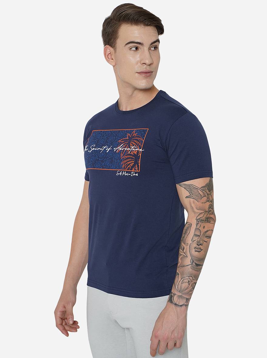 Navy Blue Printed Slim Fit T-Shirt | pehervi