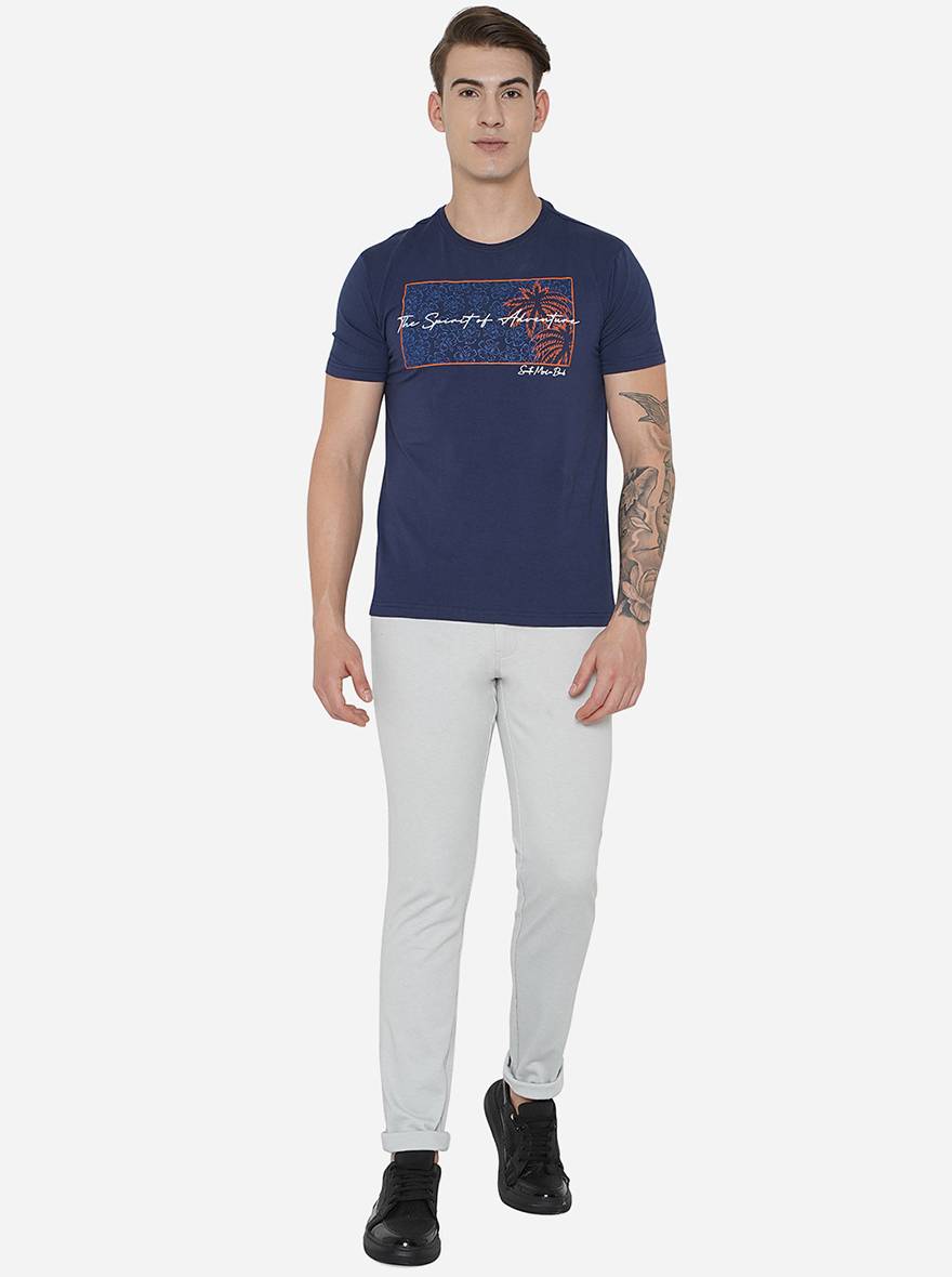 Navy Blue Printed Slim Fit T-Shirt | pehervi