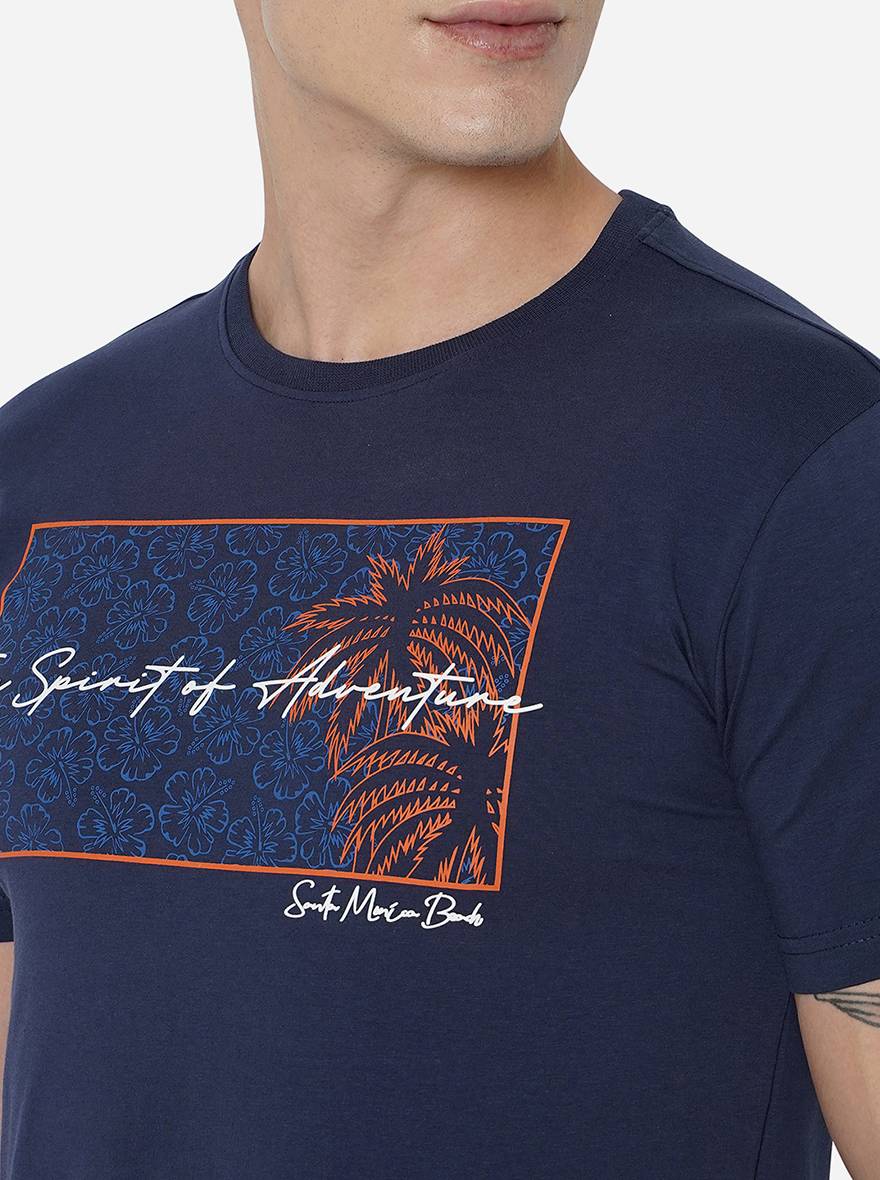 Navy Blue Printed Slim Fit T-Shirt | pehervi