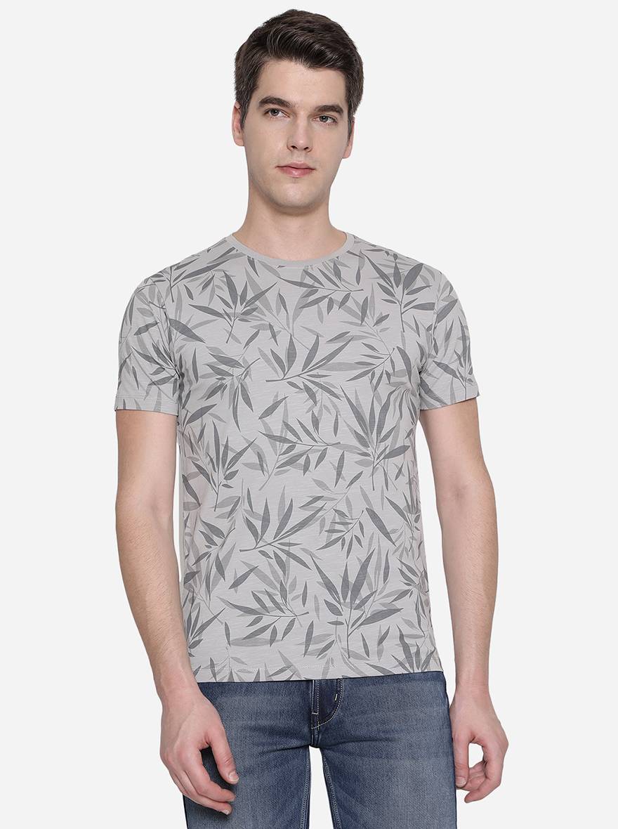 Grey Printed Slim Fit T-Shirt | pehervi