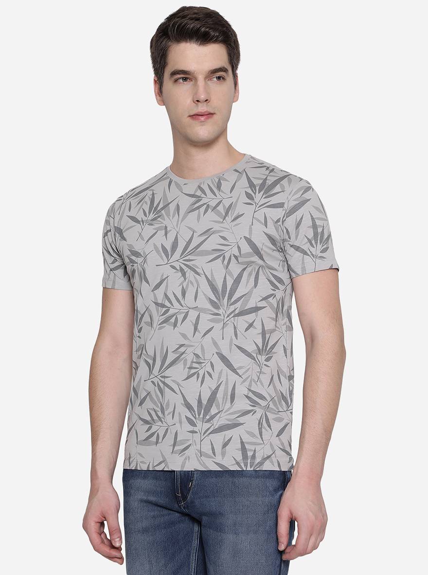 Grey Printed Slim Fit T-Shirt | pehervi