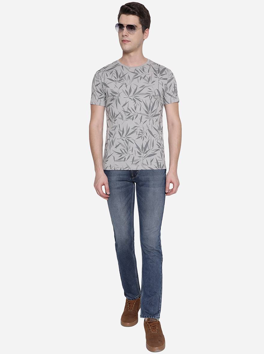 Grey Printed Slim Fit T-Shirt | pehervi