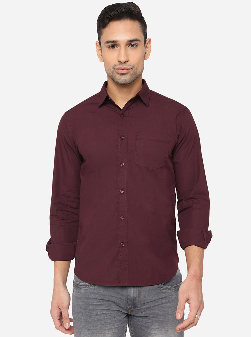 Wine Solid Slim Fit Semi Casual Shirt | Pehervi