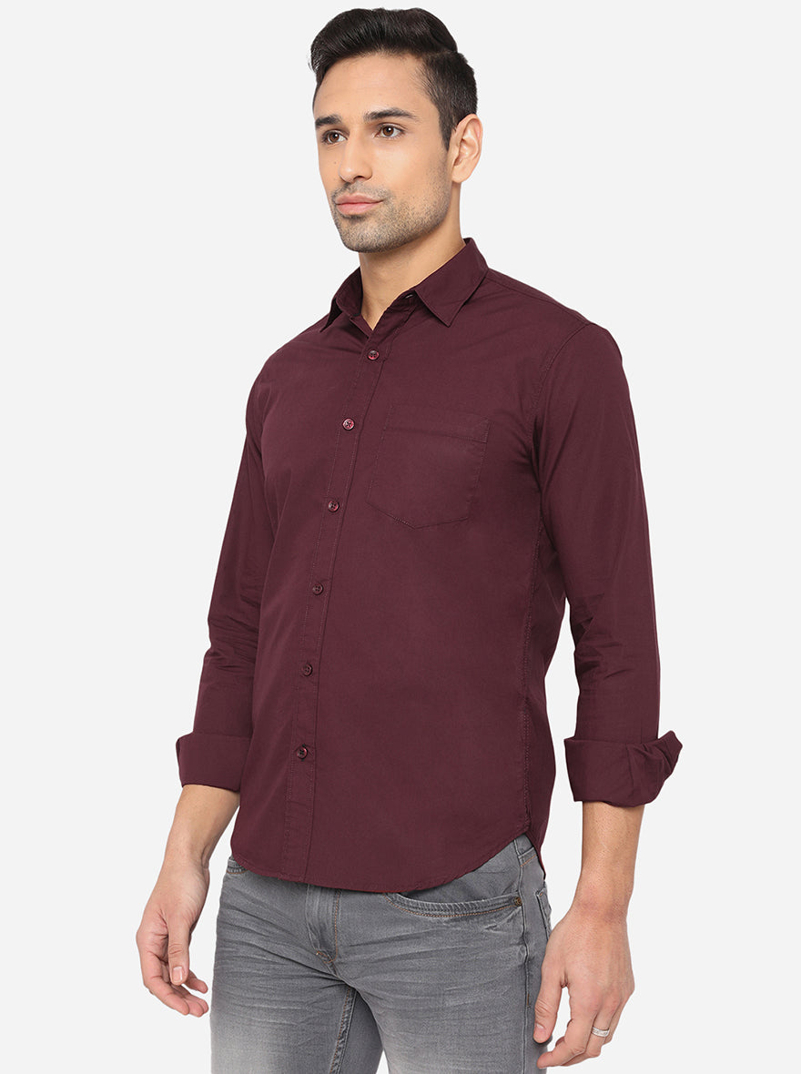 Wine Solid Slim Fit Semi Casual Shirt | Pehervi