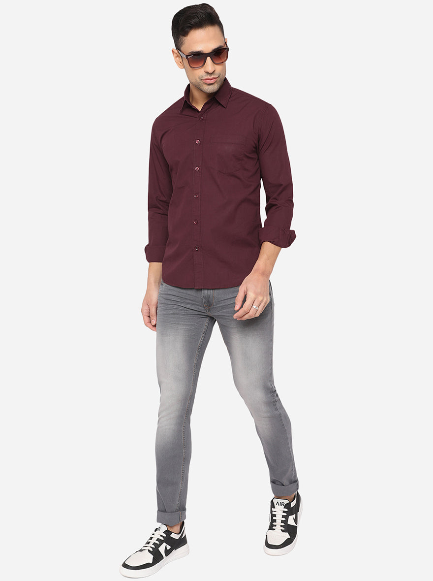 Wine Solid Slim Fit Semi Casual Shirt | Pehervi