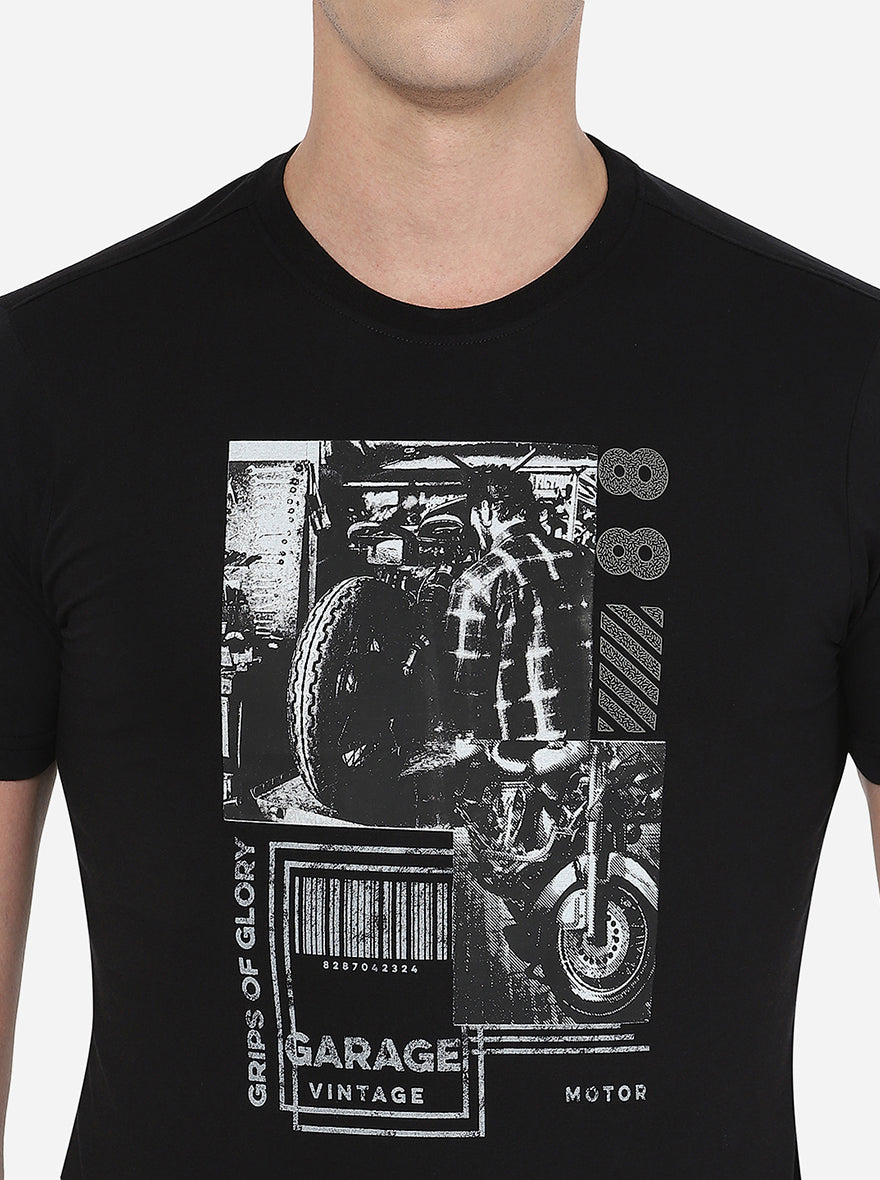 Black Printed Slim Fit T-Shirt | pehervi