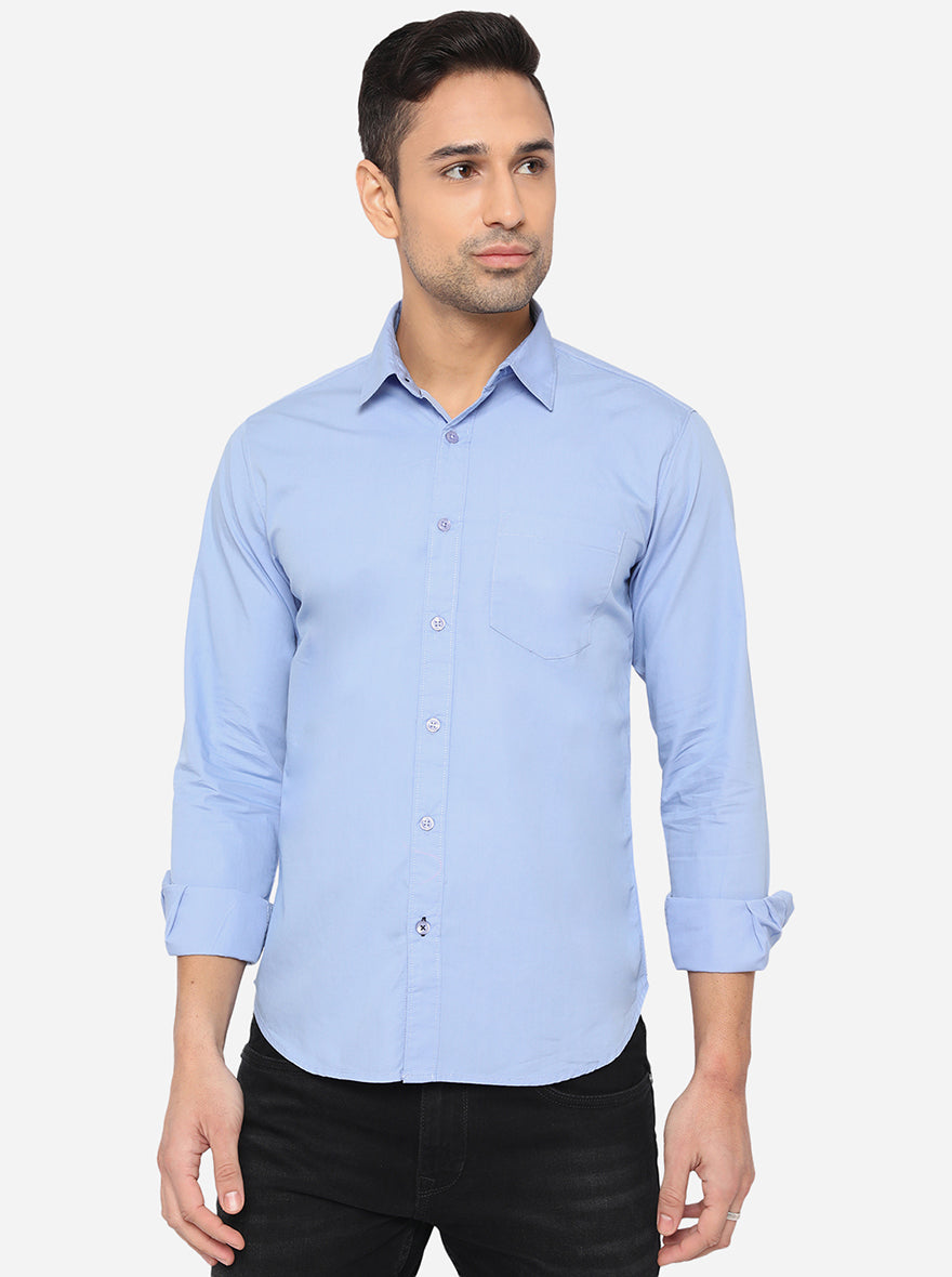Sky Blue Solid Slim Fit Semi Casual Shirt | Pehervi