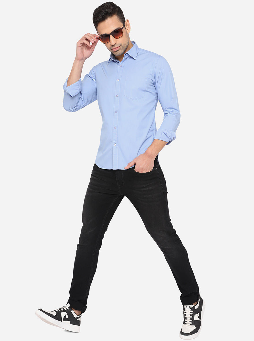 Sky Blue Solid Slim Fit Semi Casual Shirt | Pehervi