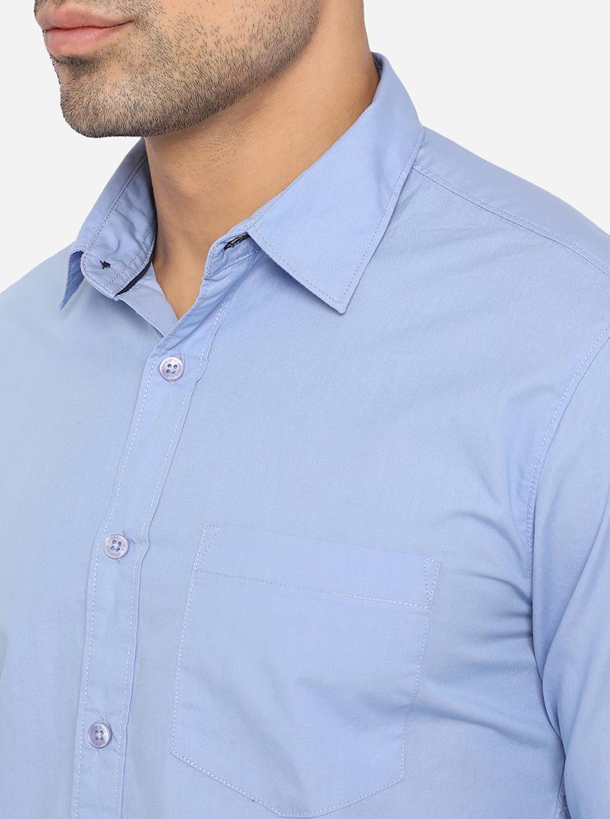 Sky Blue Solid Slim Fit Semi Casual Shirt | Pehervi