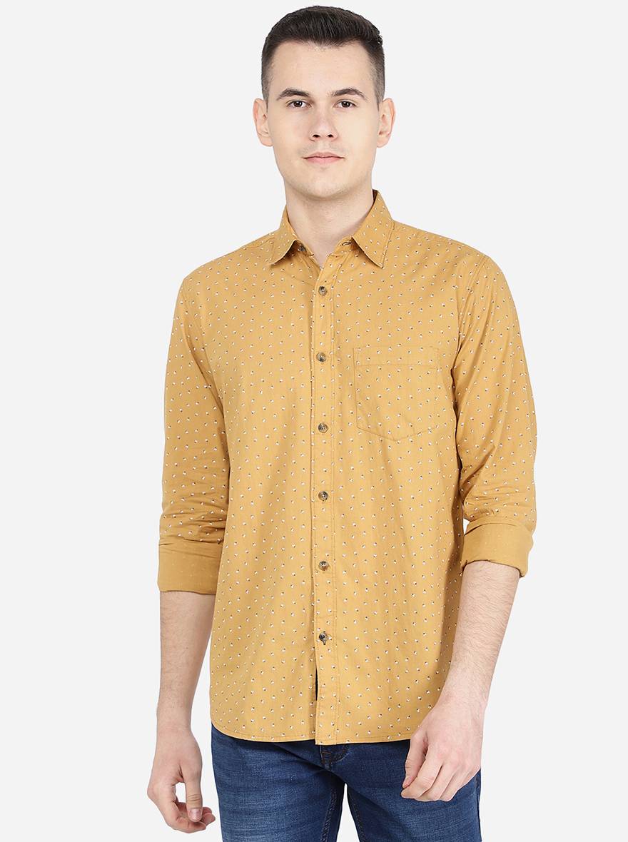 Oscar Yellow Printed Slim Fit Semi Casual Shirt | Pehervi