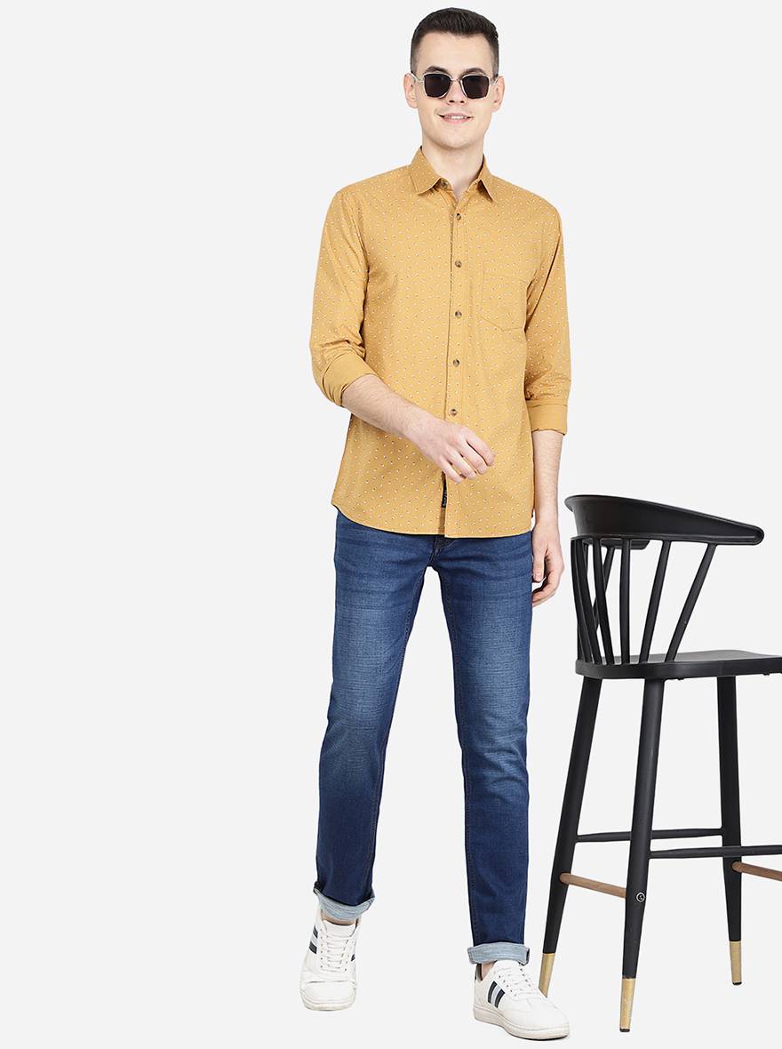 Oscar Yellow Printed Slim Fit Semi Casual Shirt | Pehervi