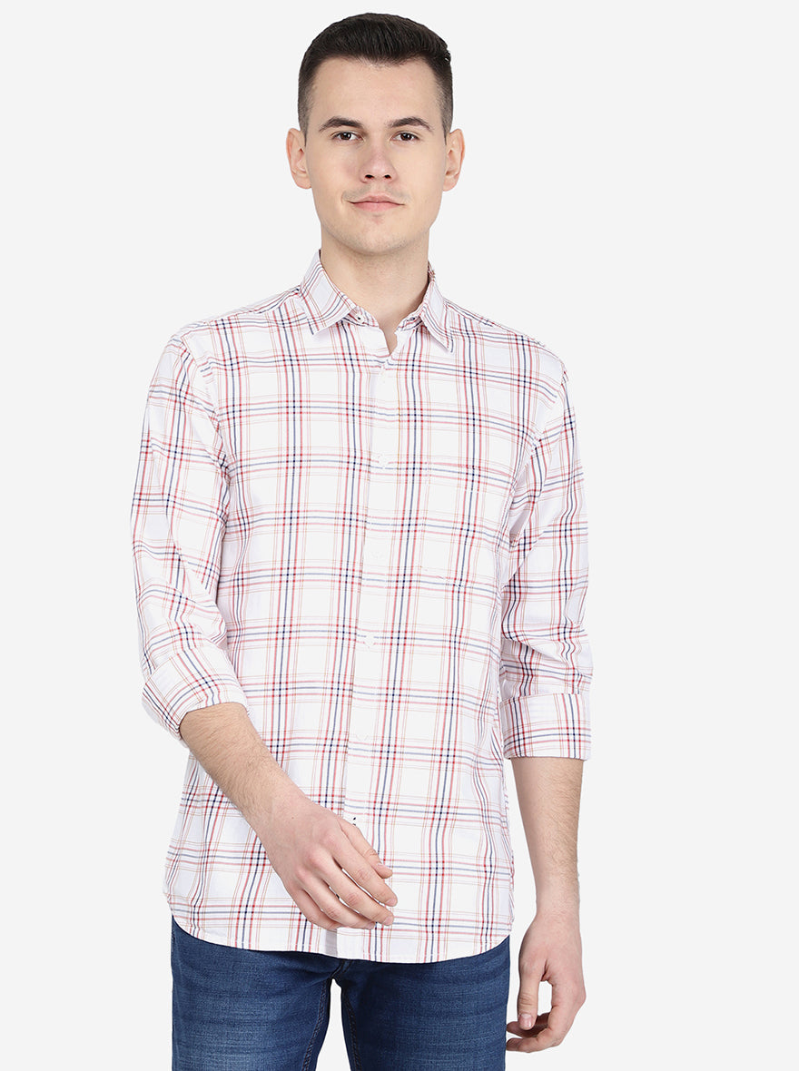 White & Red Checked Slim Fit Semi Casual Shirt | Pehervi