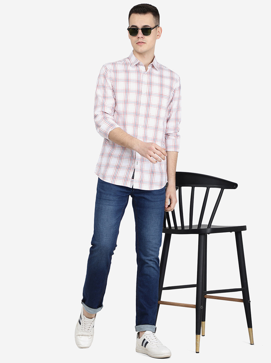 White & Red Checked Slim Fit Semi Casual Shirt | Pehervi