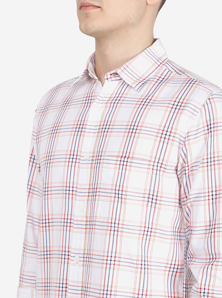 White & Red Checked Slim Fit Semi Casual Shirt | Pehervi