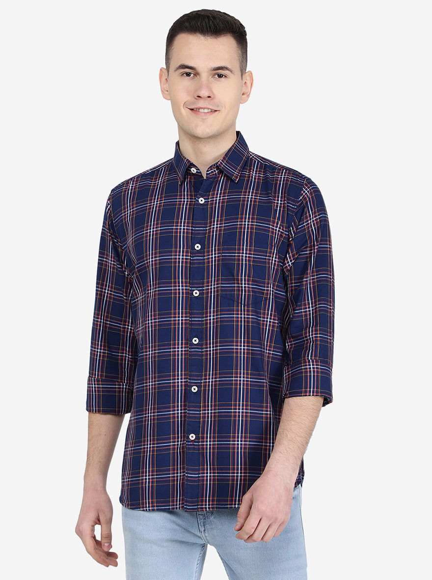 Navy Blue Checked Slim Fit Semi Casual Shirt | Pehervi