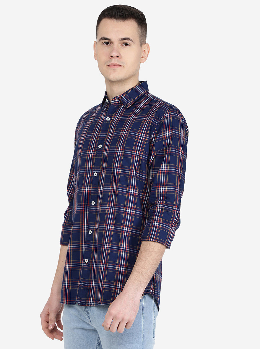 Navy Blue Checked Slim Fit Semi Casual Shirt | Pehervi