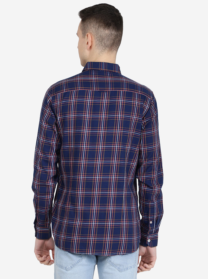 Navy Blue Checked Slim Fit Semi Casual Shirt | Pehervi